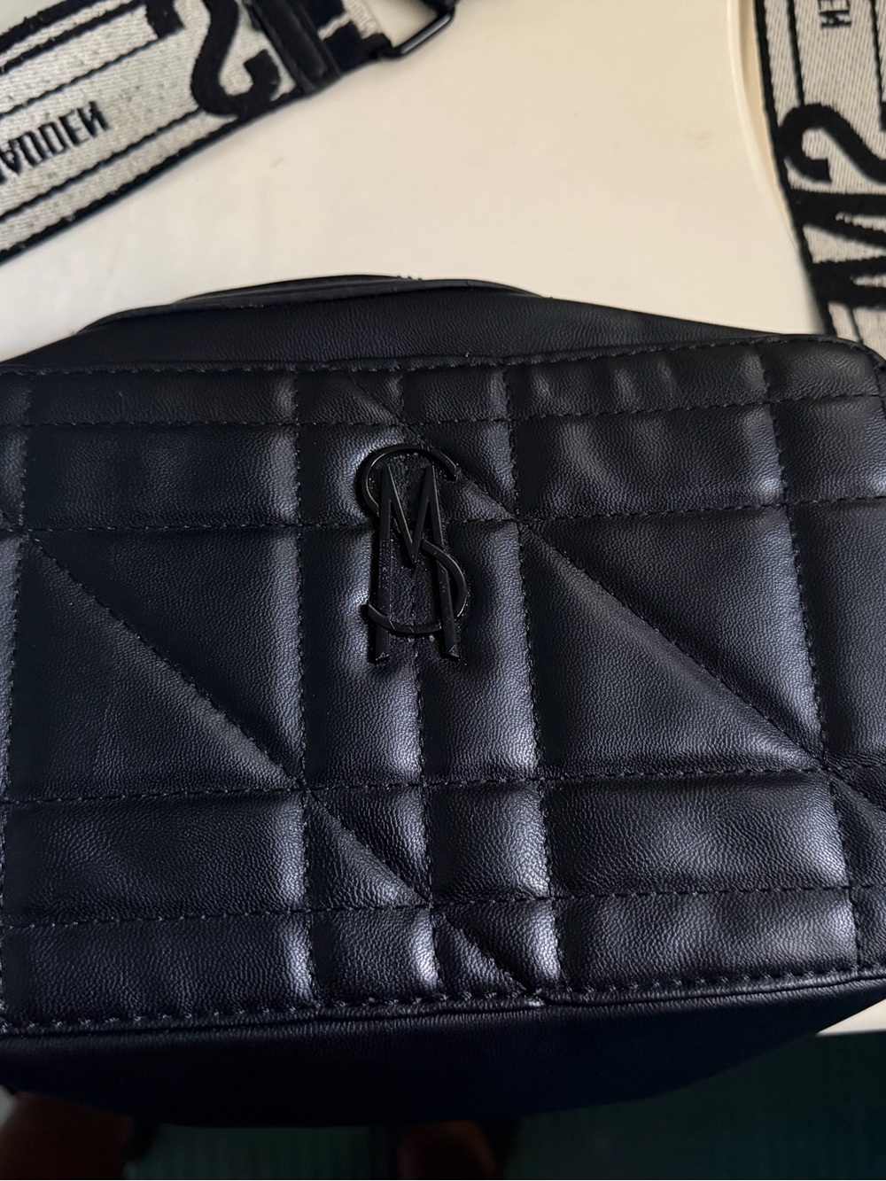 Steve Madden Black Quilted Women’s Crossbody Bag with Logo Strap